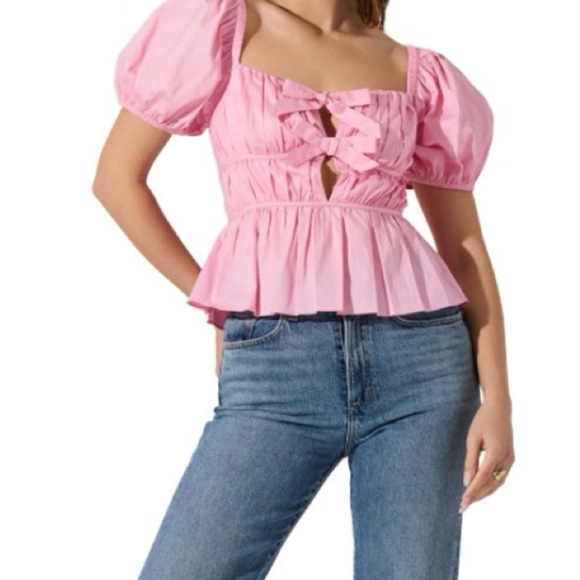 Astr The Label Smocked Pink Puff Peplum Sleeve Blouse Size S Cottagecore Boho - Picture 2 of 13